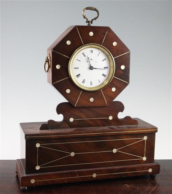 An early 19th century inlaid mahogany mantel timepiece, 16.5in.